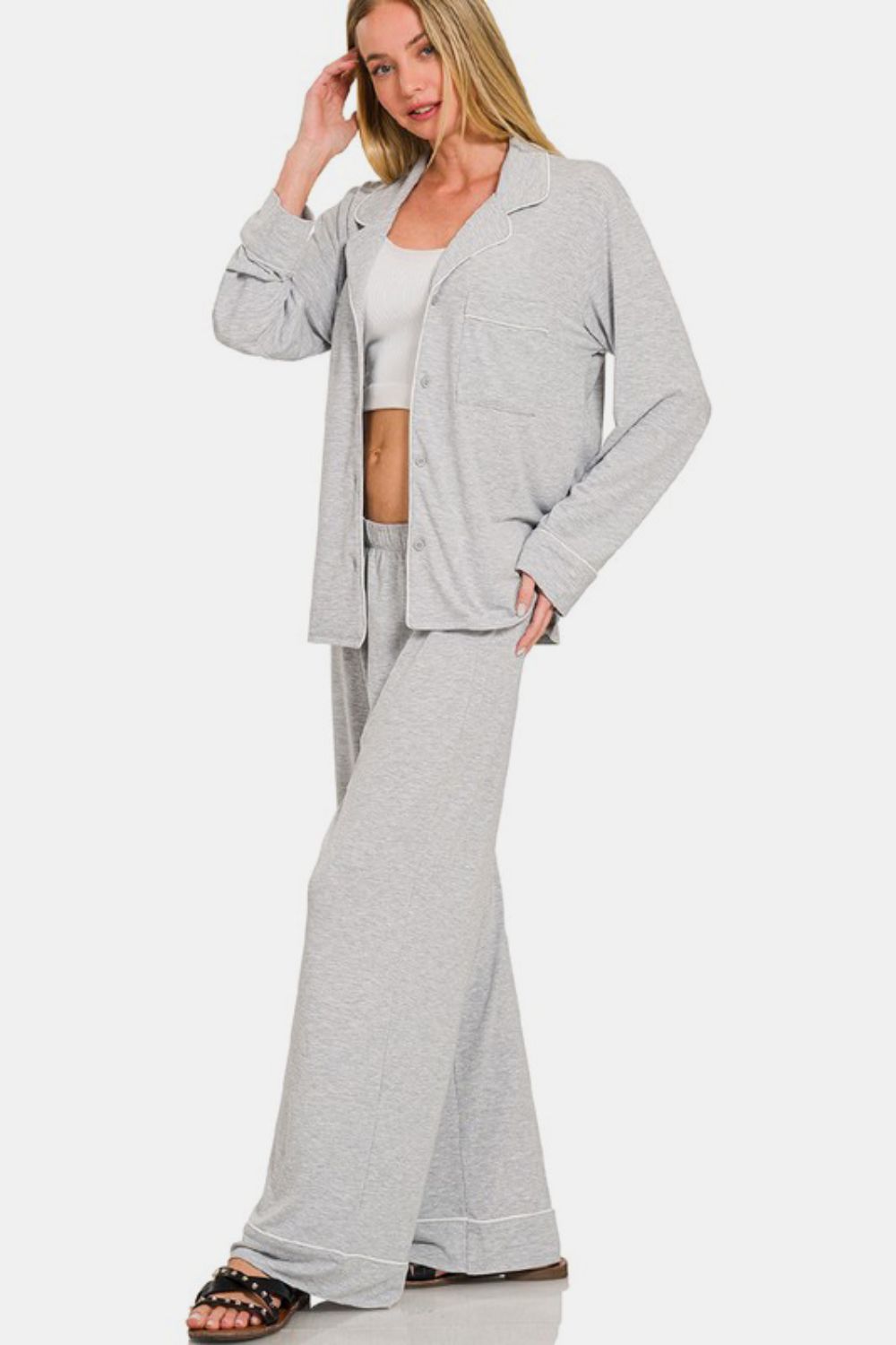 Zenana - Button Front Long Sleeve Top and Pants Set - Light Gray - Inspired Eye Boutique