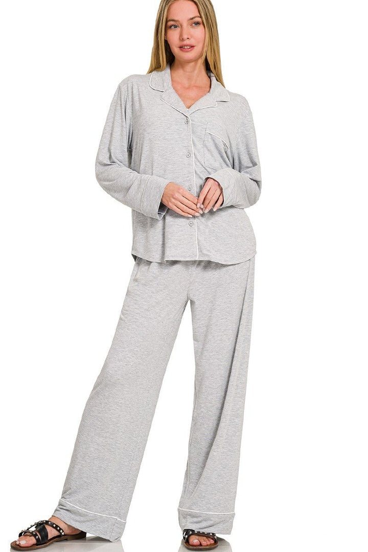 Zenana - Button Front Long Sleeve Top and Pants Set - Light Gray - Inspired Eye Boutique