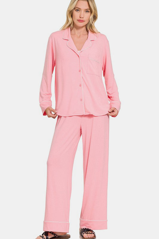 Zenana - Button Front Long Sleeve Top and Pants Set - Pink - Inspired Eye Boutique