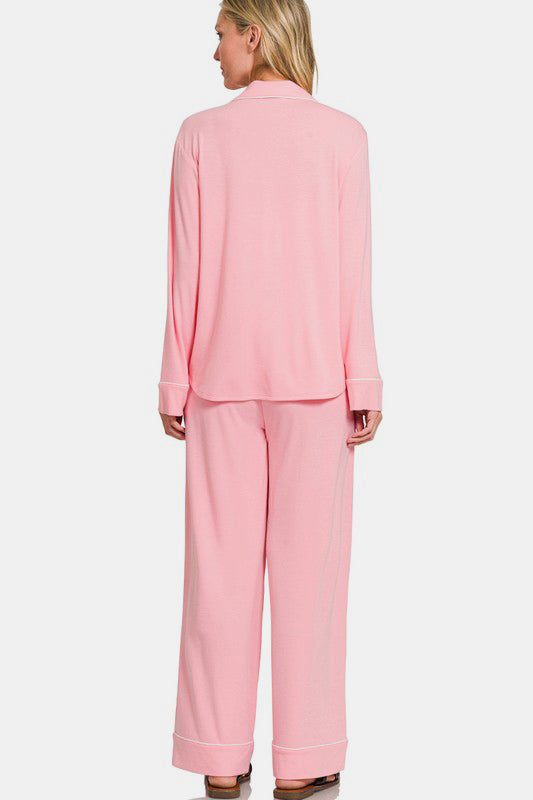 Zenana - Button Front Long Sleeve Top and Pants Set - Pink - Inspired Eye Boutique