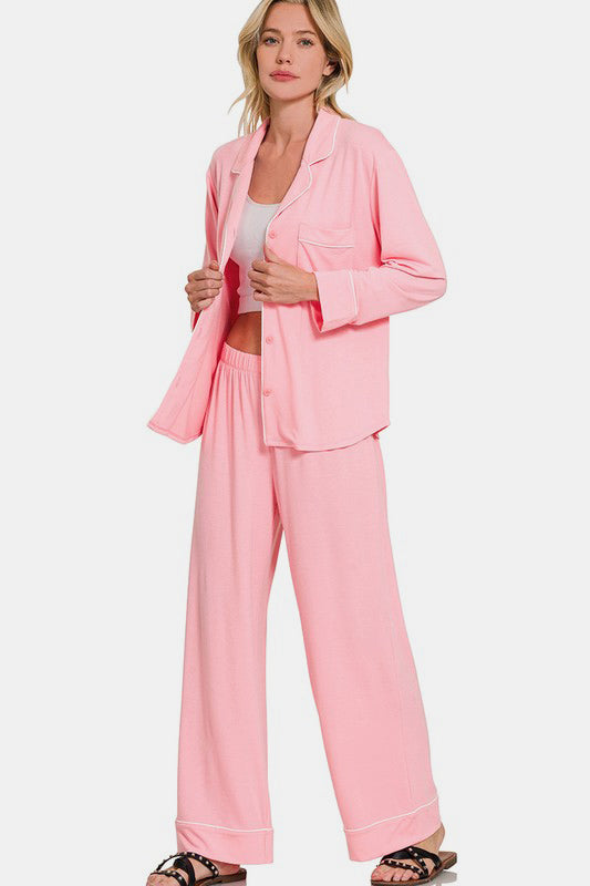 Zenana - Button Front Long Sleeve Top and Pants Set - Pink - Inspired Eye Boutique