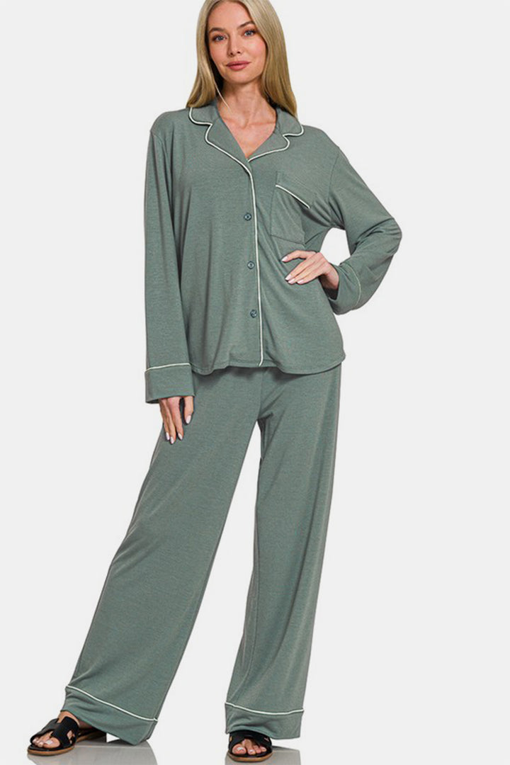 Zenana - Button Front Long Sleeve Top and Pants Set - Sage - Inspired Eye Boutique