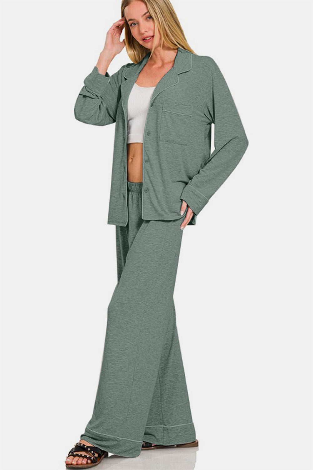 Zenana - Button Front Long Sleeve Top and Pants Set - Sage - Inspired Eye Boutique