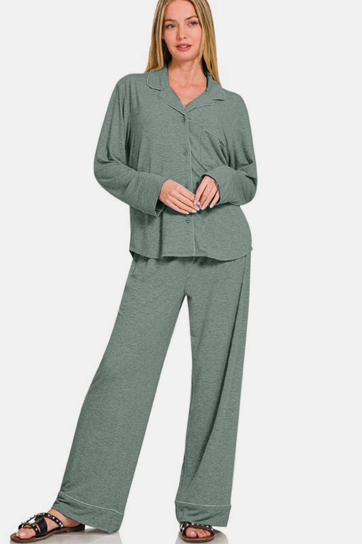 Zenana - Button Front Long Sleeve Top and Pants Set - Sage - Inspired Eye Boutique