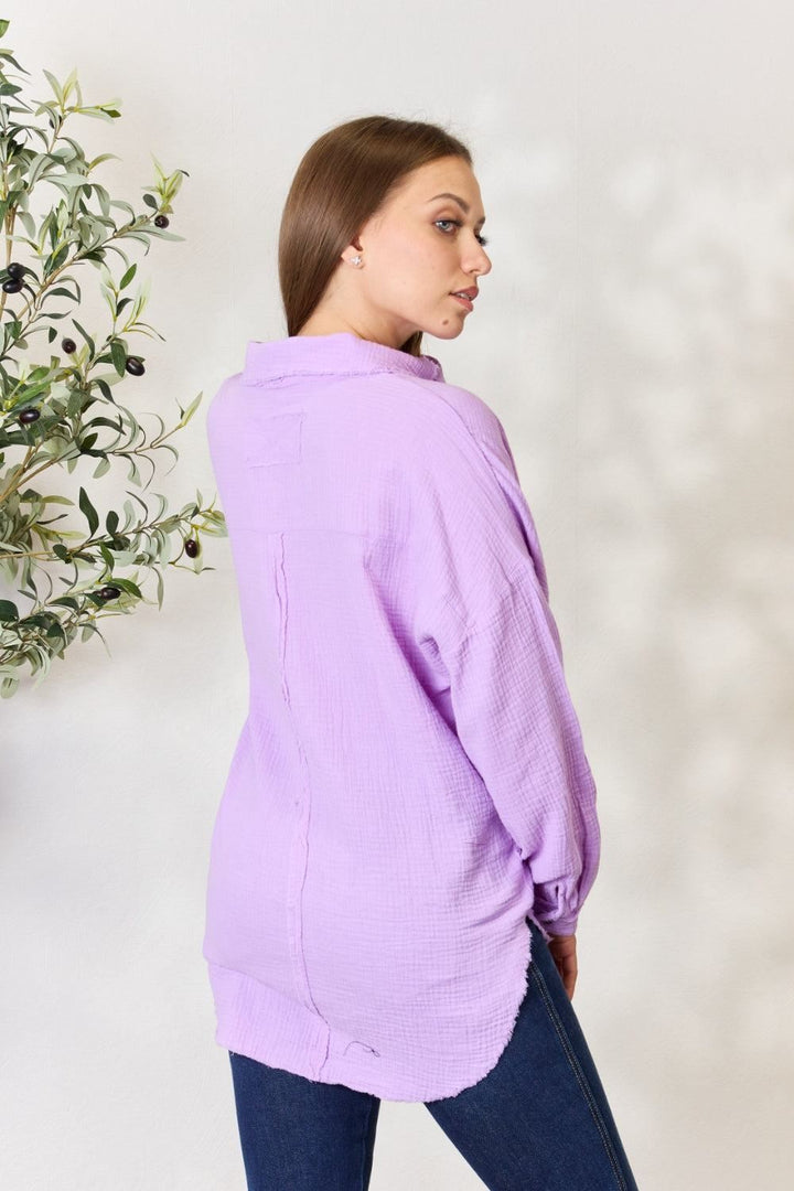 Zenana Long Sleeve Cotton Gauze Shirt - Lavender - Inspired Eye Boutique