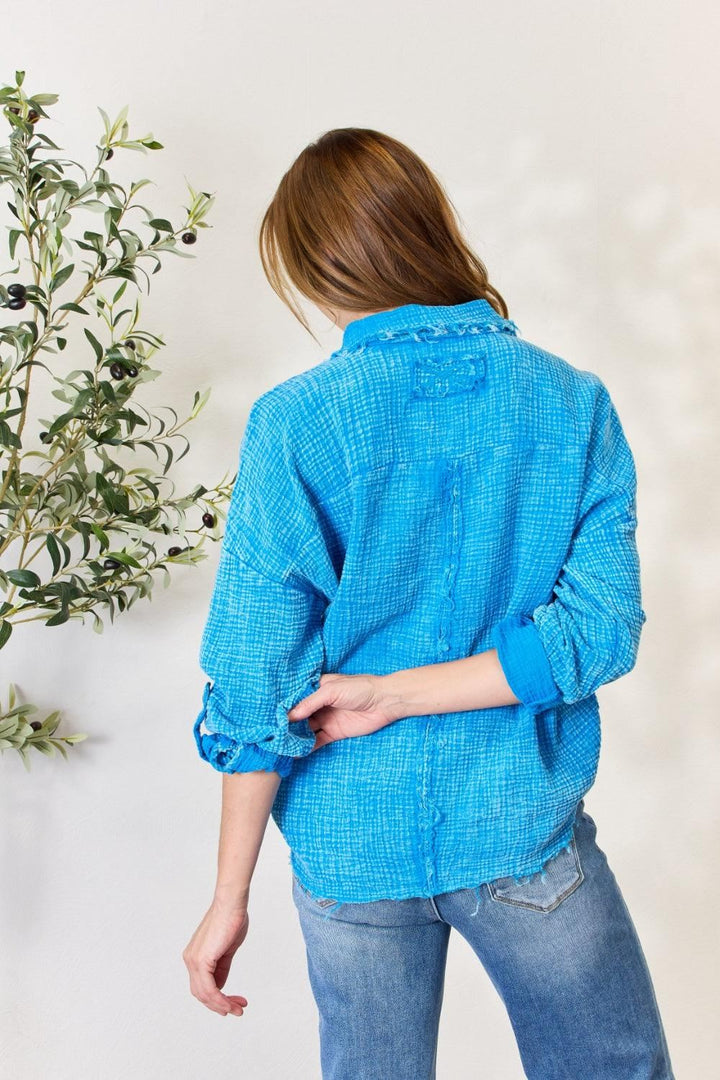 Zenana Button-up Gauze Shirt - Ocean Blue - Inspired Eye Boutique