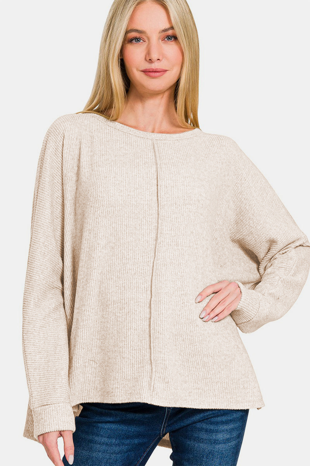 Zenana - Center Seam Long Sleeve Top - Sand Beige - Inspired Eye Boutique