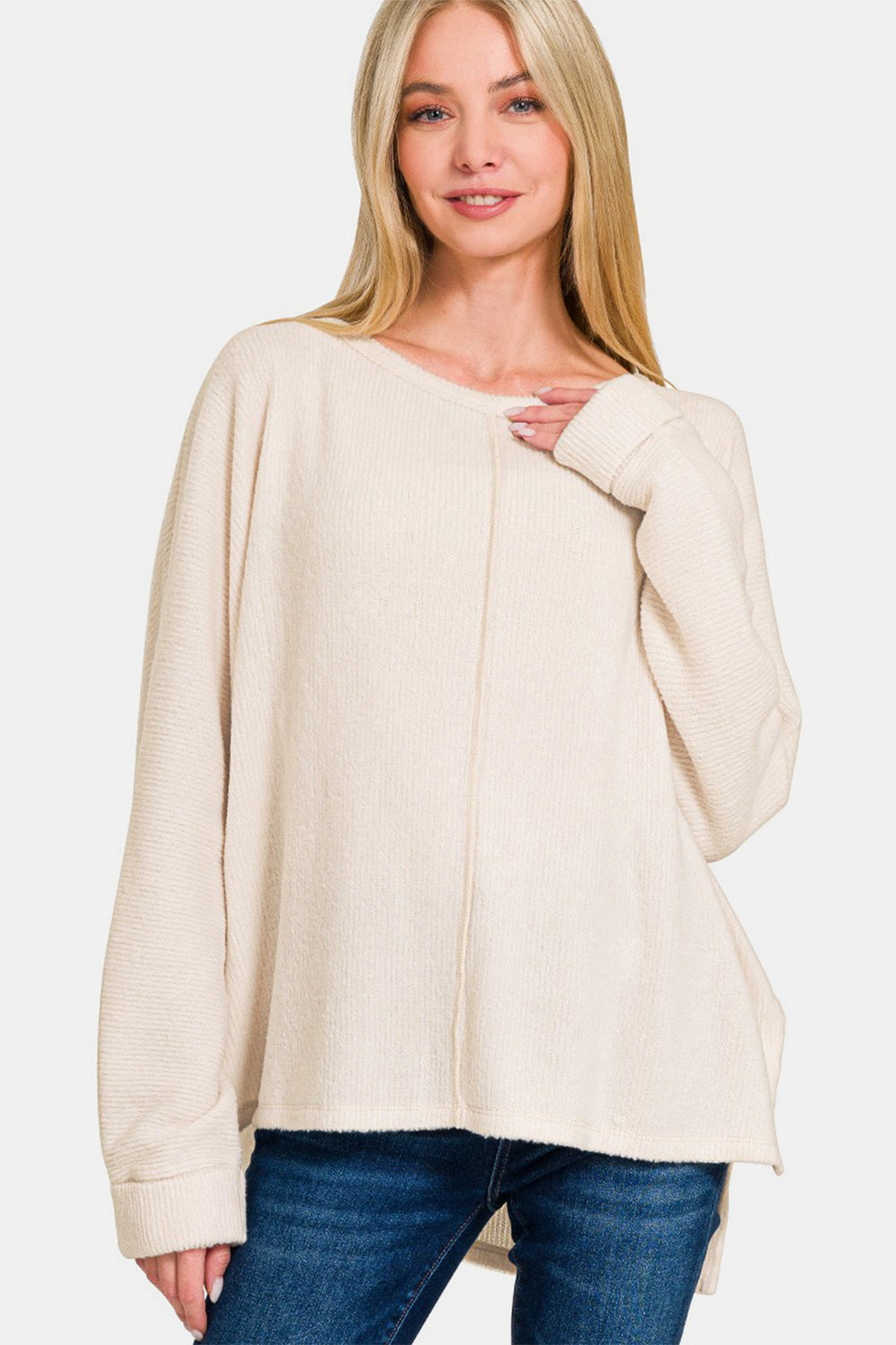 Zenana - Center Seam Long Sleeve Top - Sand Beige - Inspired Eye Boutique