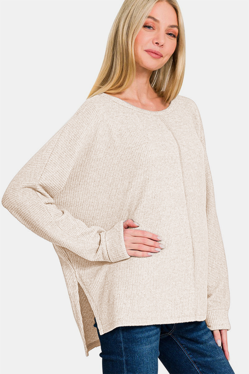 Zenana - Center Seam Long Sleeve Top - Sand Beige - Inspired Eye Boutique