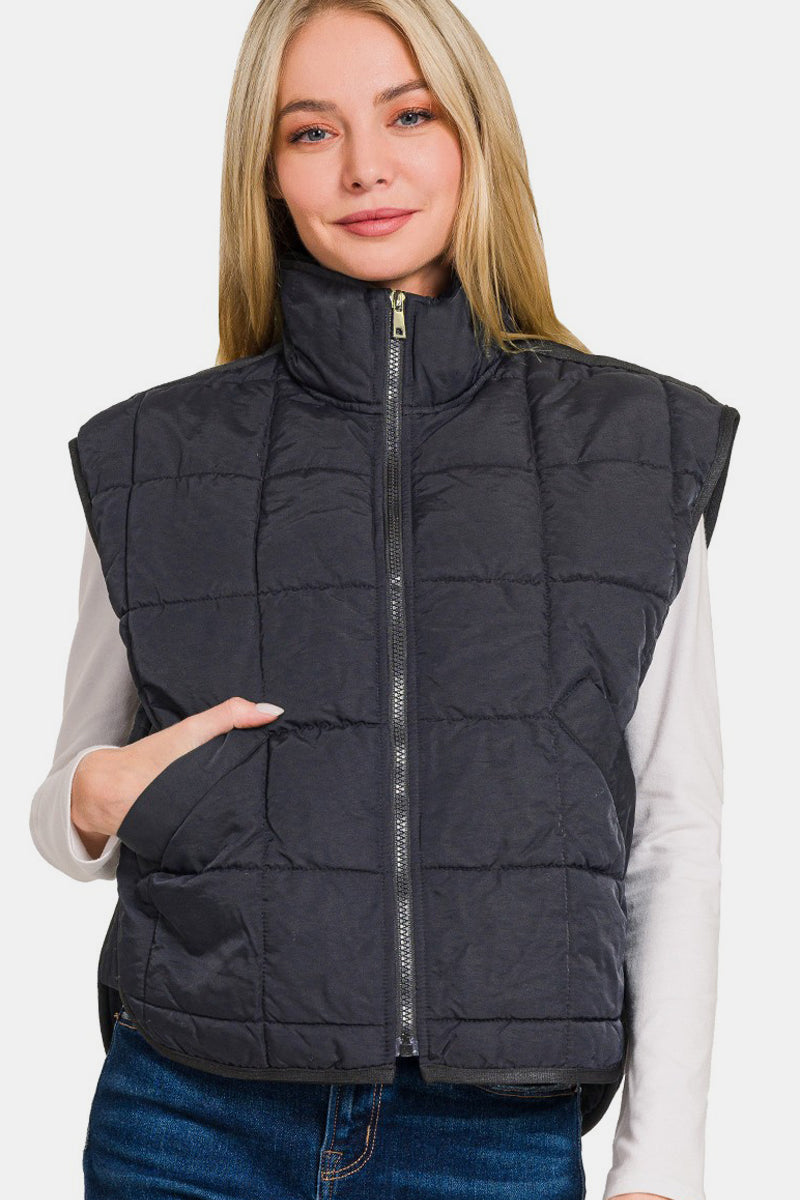 Zenana - Cropped Puffer Vest - Black - Inspired Eye Boutique