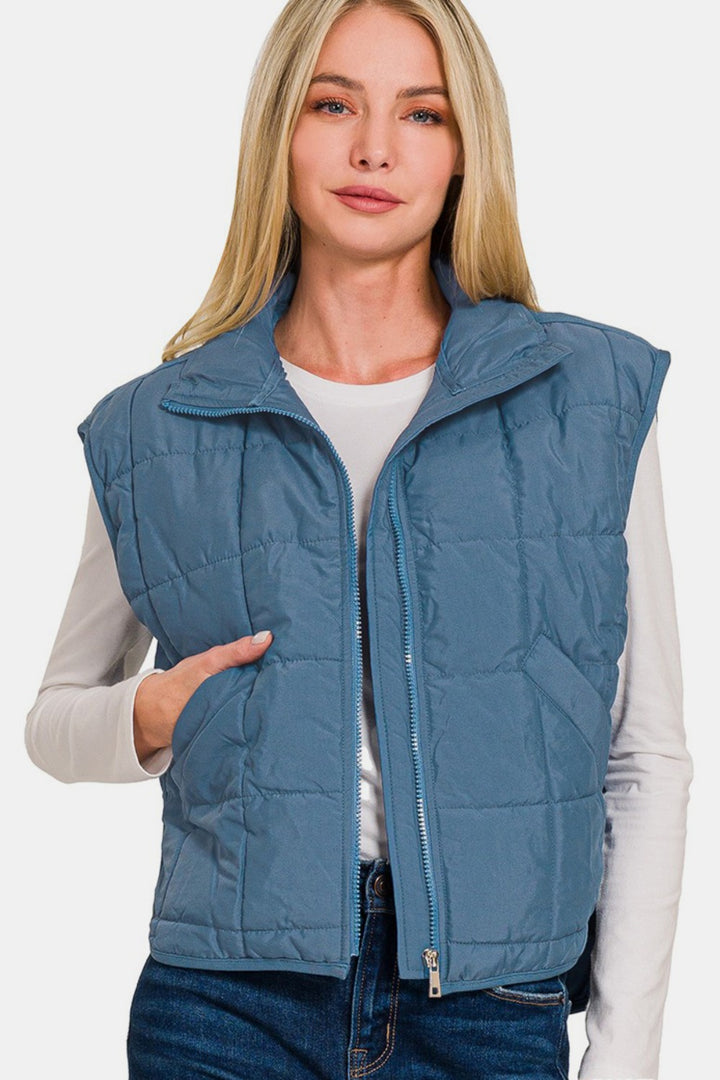 Zenana - Cropped Puffer Vest - Blue - Inspired Eye Boutique