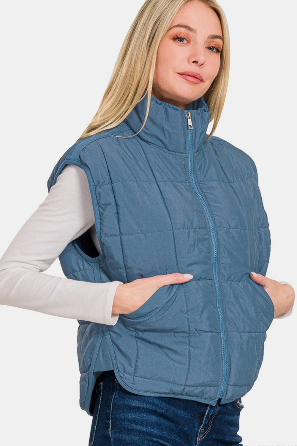 Zenana - Cropped Puffer Vest - Blue - Inspired Eye Boutique