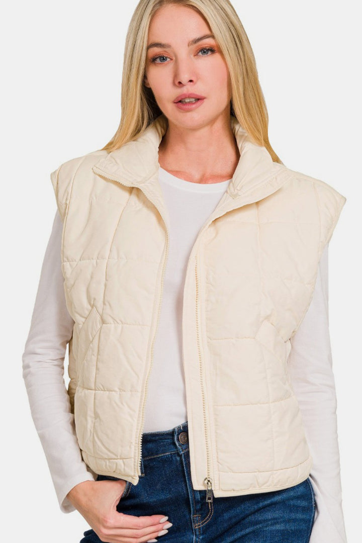 Zenana - Cropped Puffer Vest - Cream - Inspired Eye Boutique