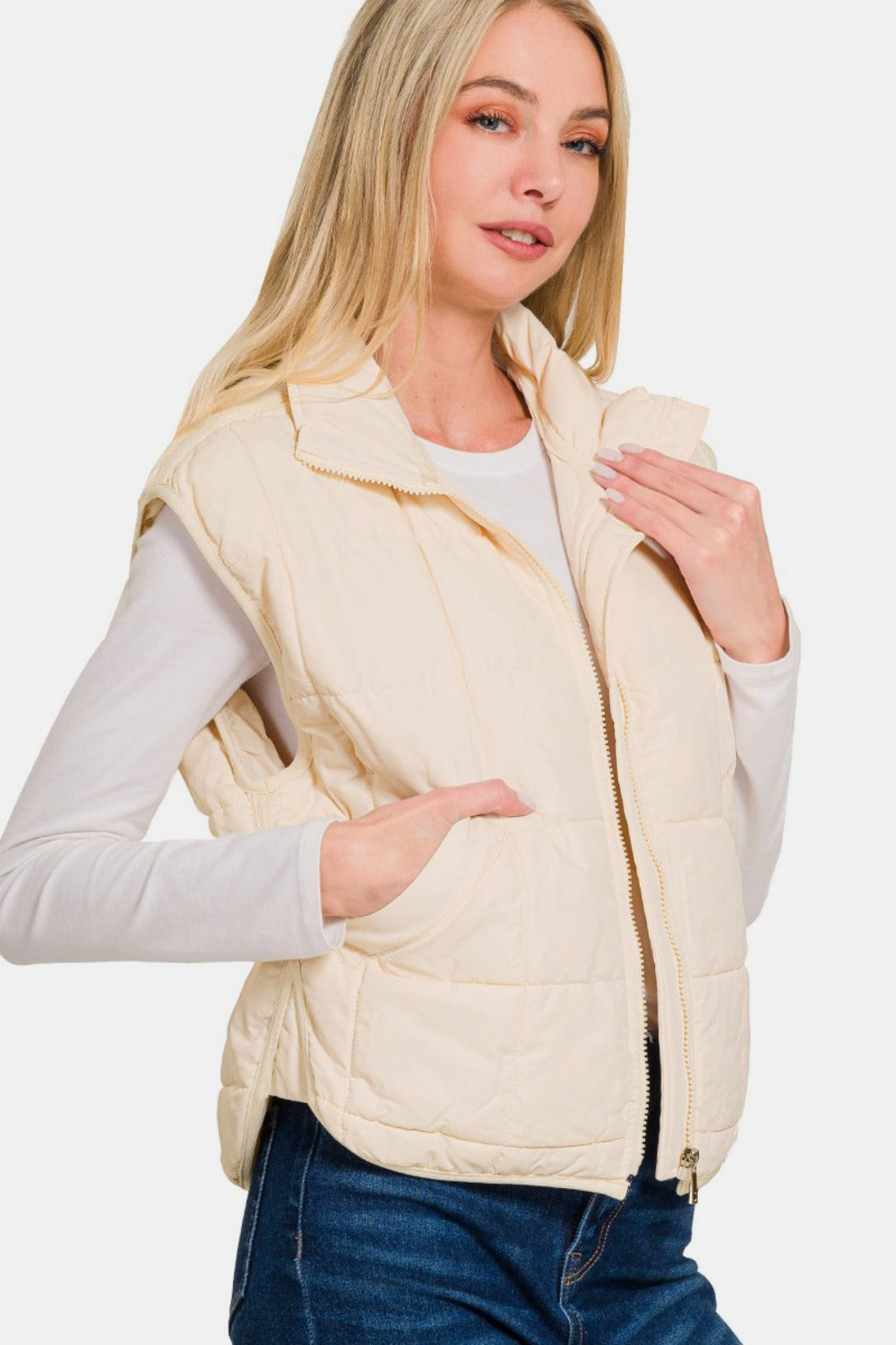 Zenana - Cropped Puffer Vest - Cream - Inspired Eye Boutique