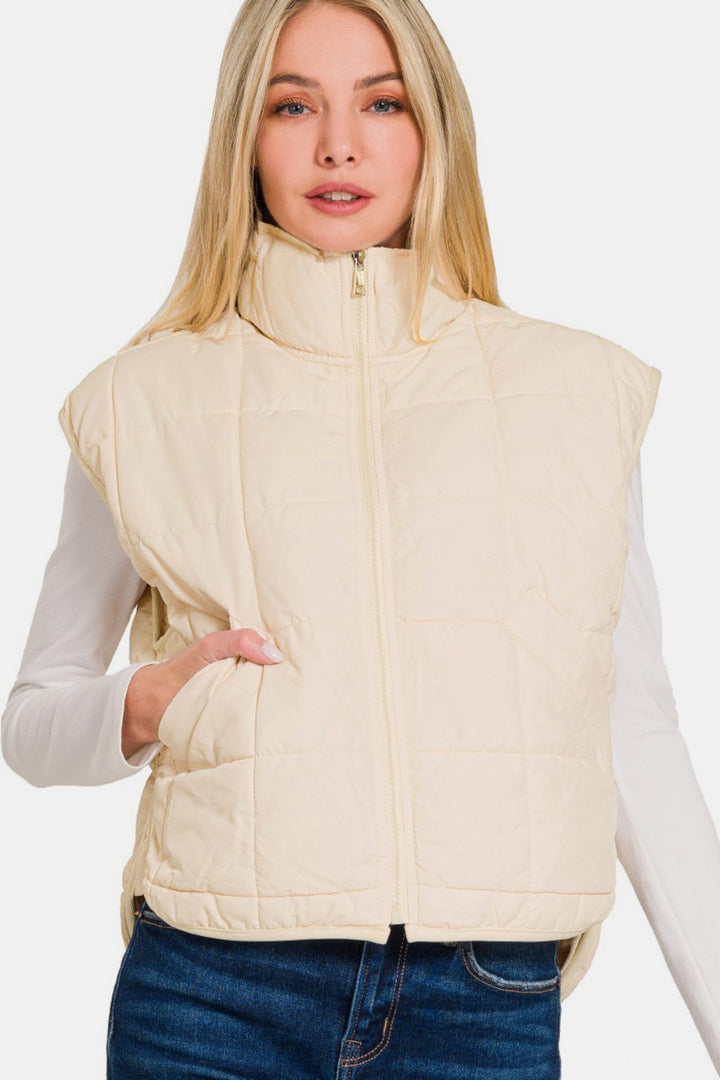 Zenana - Cropped Puffer Vest - Cream - Inspired Eye Boutique