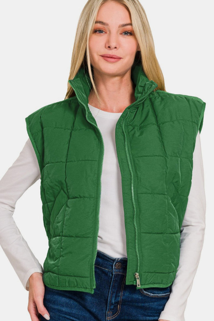 Zenana - Cropped Puffer Vest - Green - Inspired Eye Boutique