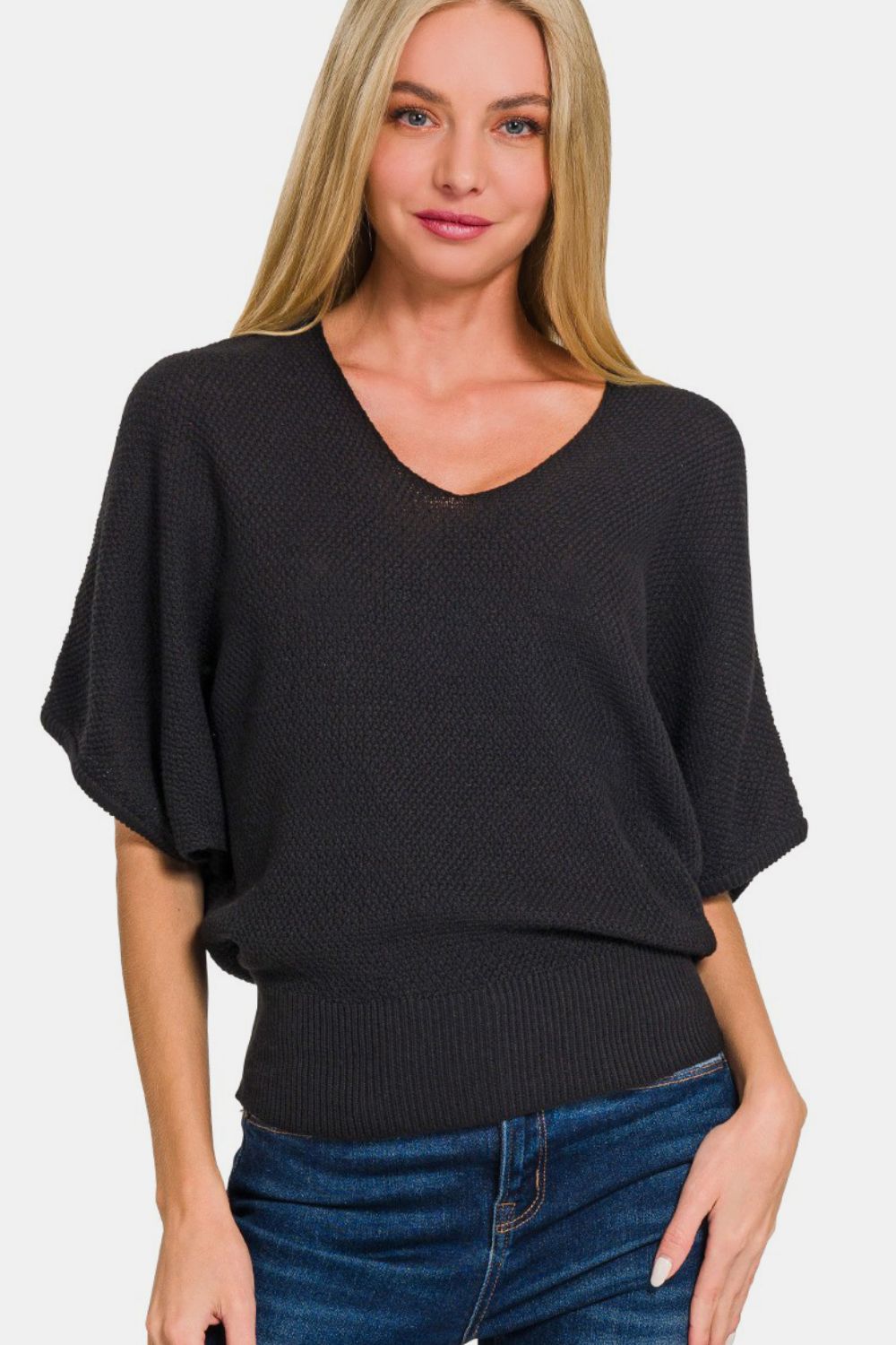 Zenana - Dolman Sleeve V-Neck Sweater - Black - Inspired Eye Boutique