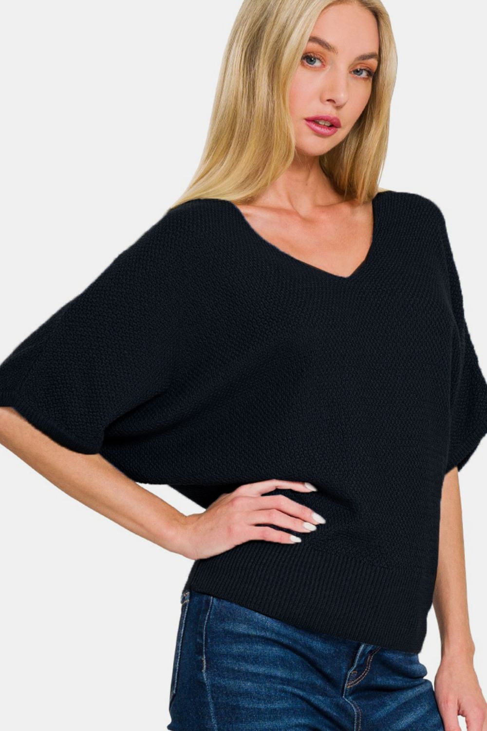 Zenana - Dolman Sleeve V-Neck Sweater - Black - Inspired Eye Boutique