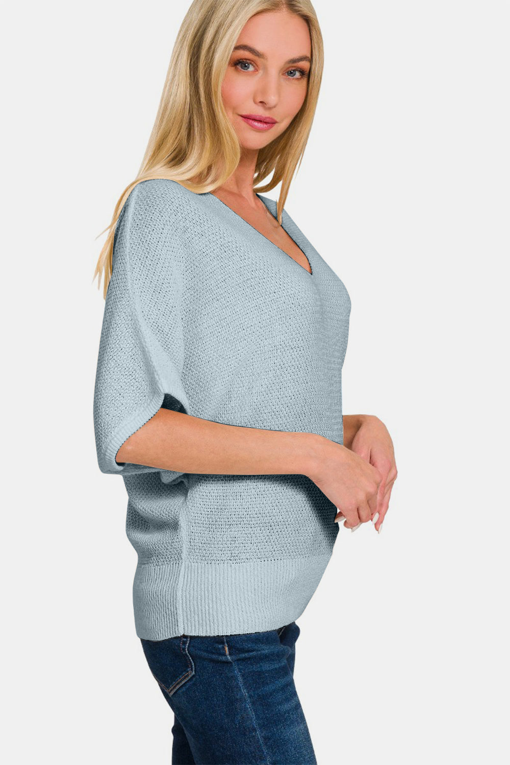 Zenana - Dolman Sleeve V-Neck Sweater - Blue Grey - Inspired Eye Boutique