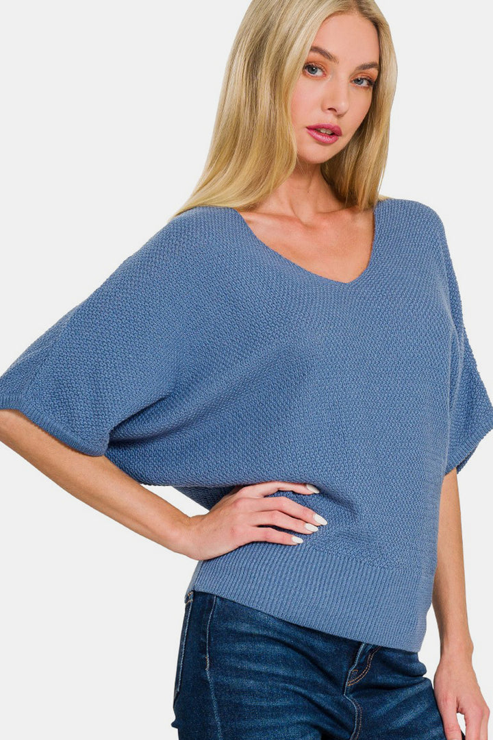 Zenana - Dolman Sleeve V-Neck Sweater - Dusty Blue - Inspired Eye Boutique