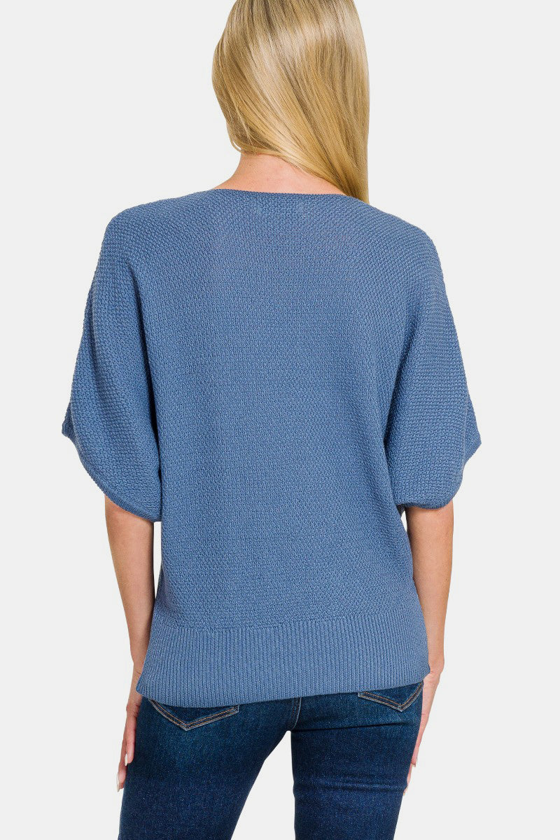 Zenana - Dolman Sleeve V-Neck Sweater - Dusty Blue - Inspired Eye Boutique