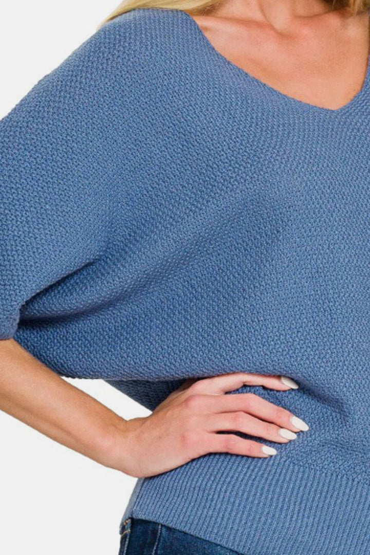 Zenana - Dolman Sleeve V-Neck Sweater - Dusty Blue - Inspired Eye Boutique