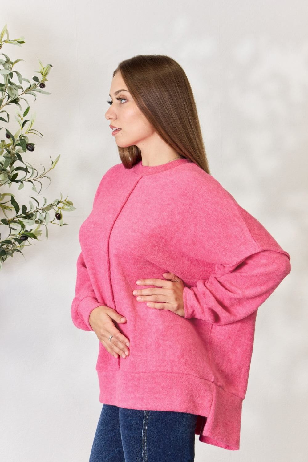 Zenana Long Sleeve Center Seam Sweatshirt - Pink - Inspired Eye Boutique
