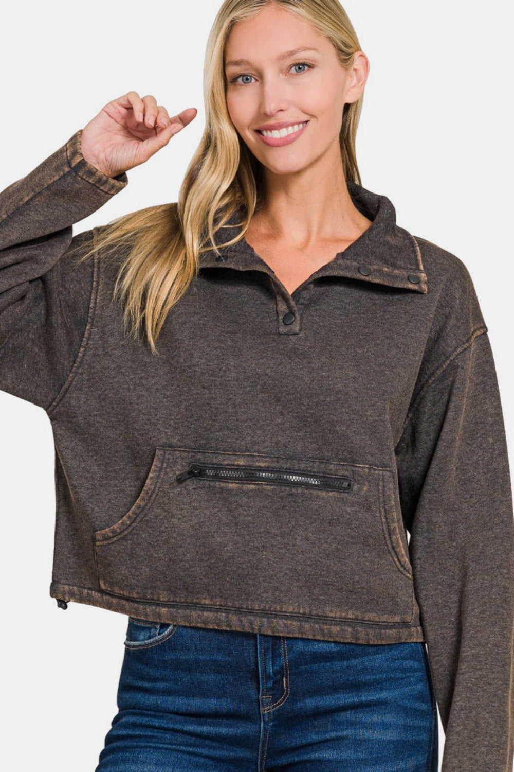 Zenana - Fleece Half Snap Sweatshirt - Ash Black - Inspired Eye Boutique