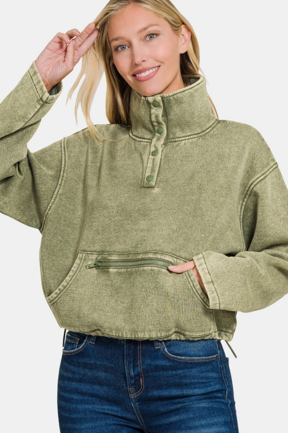 Zenana - Fleece Half Snap Sweatshirt - Lt Olive - Inspired Eye Boutique