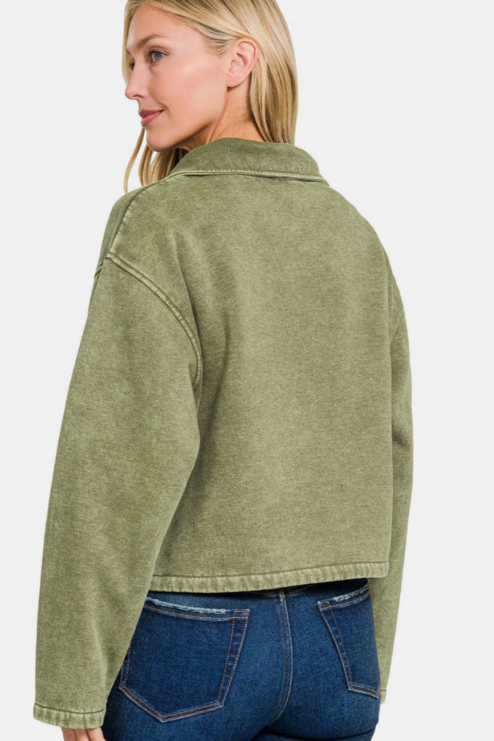 Zenana - Fleece Half Snap Sweatshirt - Lt Olive - Inspired Eye Boutique