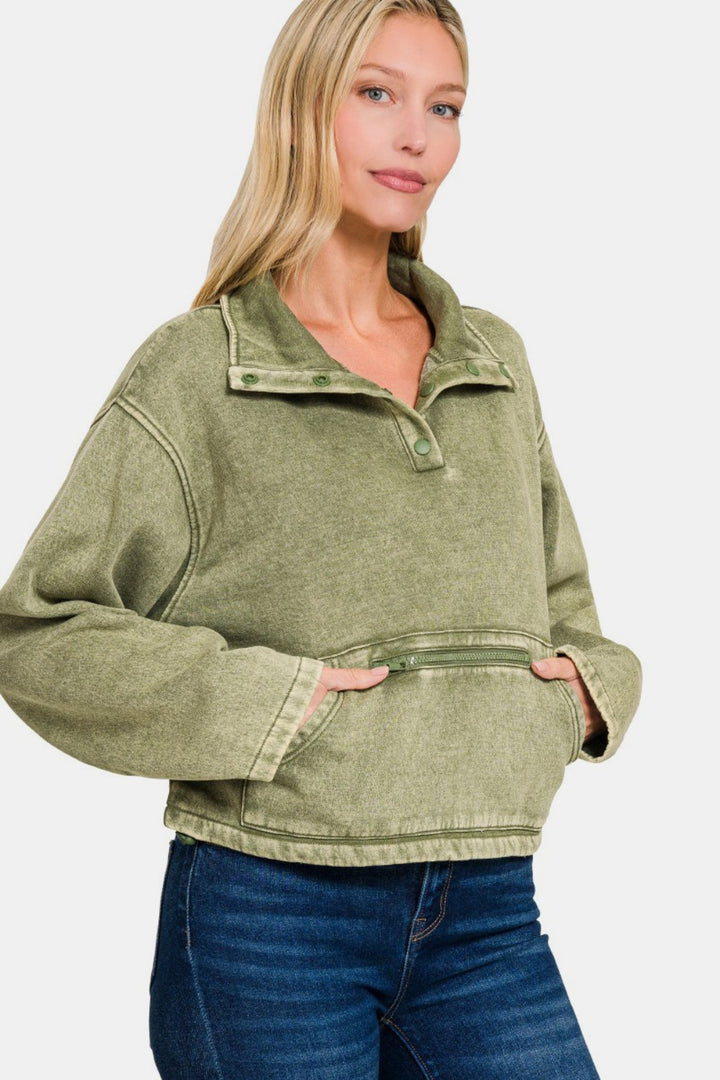 Zenana - Fleece Half Snap Sweatshirt - Lt Olive - Inspired Eye Boutique