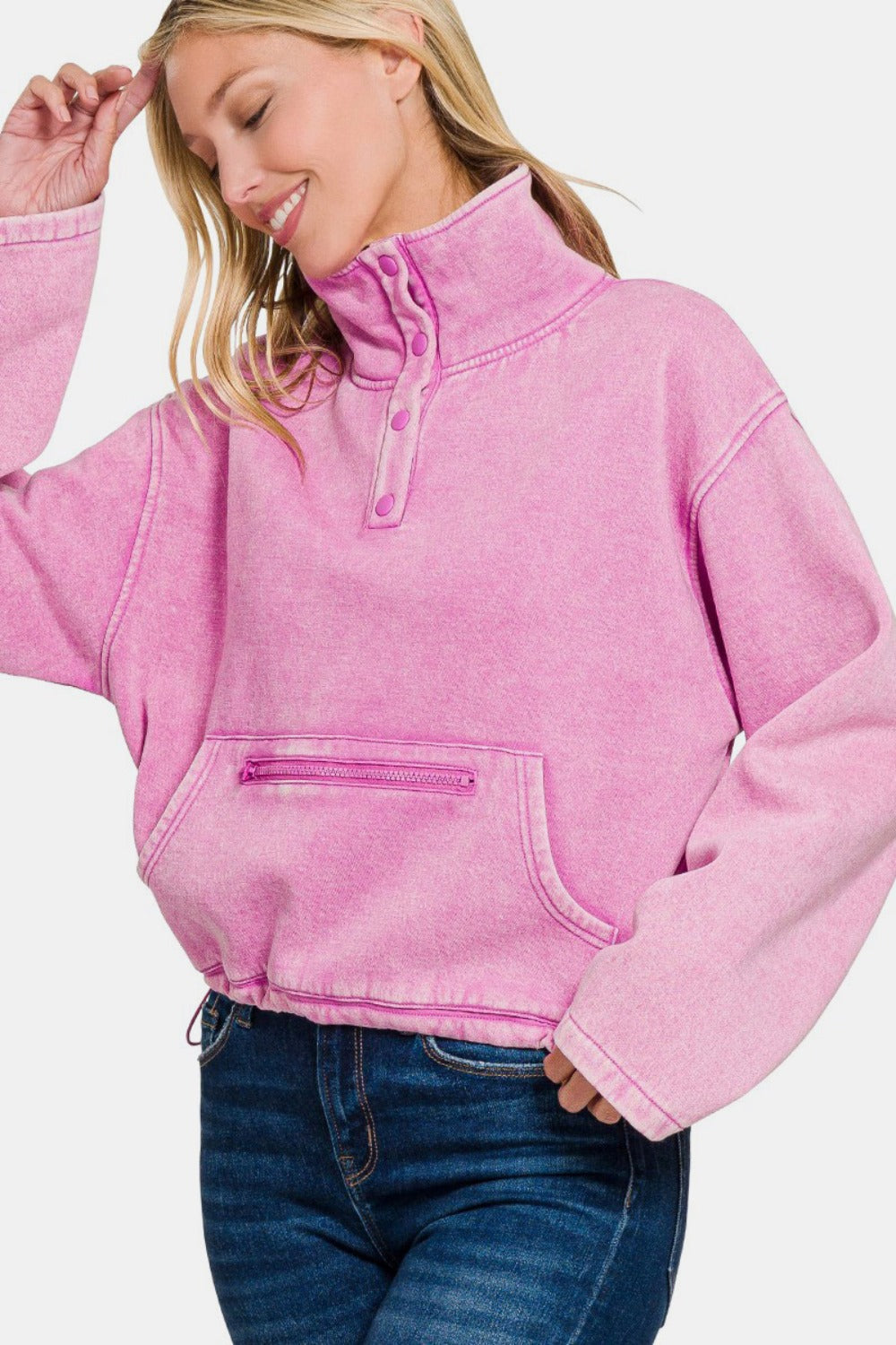 Zenana - Fleece Half Snap Sweatshirt - Mauve - Inspired Eye Boutique