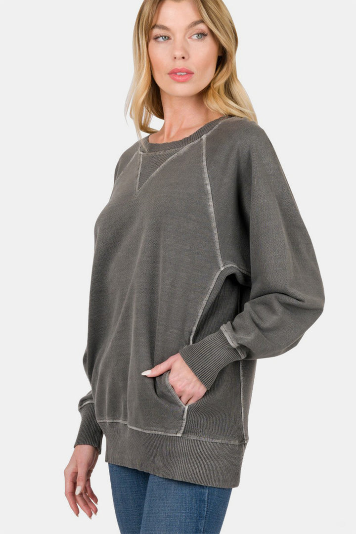 Zenana French Terry Pullover with Pockets - Black - Inspired Eye Boutique