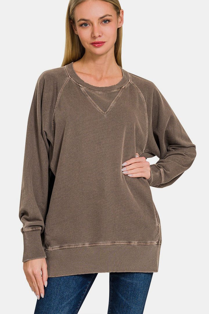 Zenana French Terry Pullover with Pockets - Brown - Inspired Eye Boutique