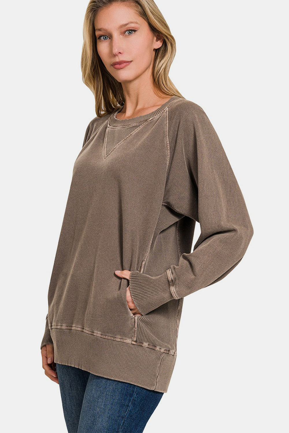 Zenana French Terry Pullover with Pockets - Brown - Inspired Eye Boutique