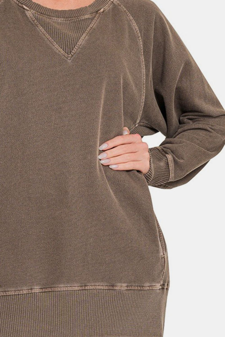 Zenana French Terry Pullover with Pockets - Brown - Inspired Eye Boutique