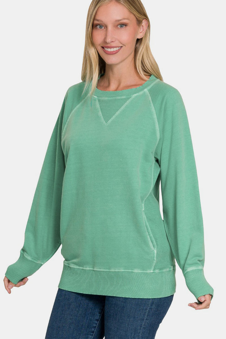 Zenana French Terry Pullover with Pockets - Green - Inspired Eye Boutique