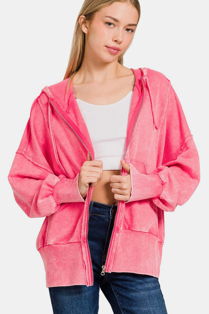 Zenana - French Terry Zip-Up Hoodie - Fuchsia - Inspired Eye Boutique