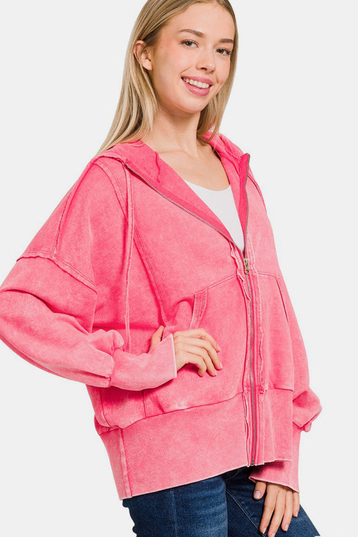 Zenana - French Terry Zip-Up Hoodie - Fuchsia - Inspired Eye Boutique