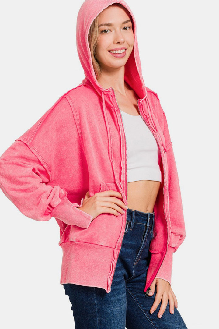 Zenana - French Terry Zip-Up Hoodie - Fuchsia - Inspired Eye Boutique