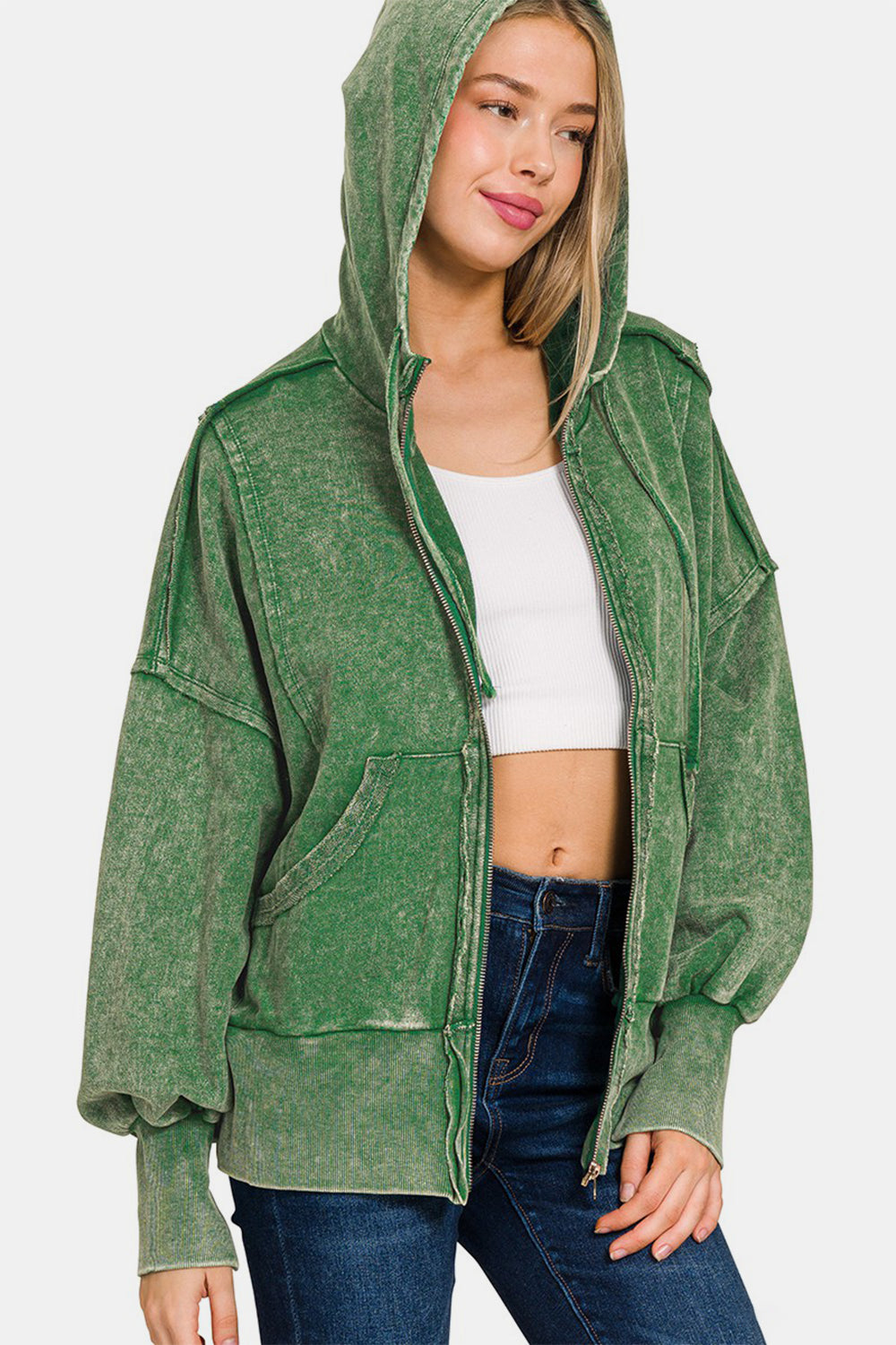 Zenana - French Terry Zip-Up Hoodie - Green - Inspired Eye Boutique