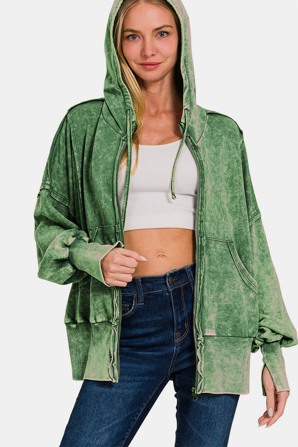 Zenana - French Terry Zip-Up Hoodie - Green - Inspired Eye Boutique