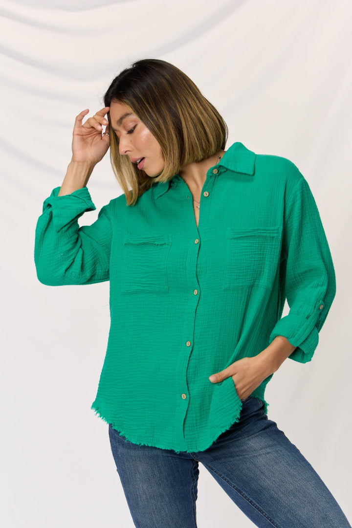 Zenana - Green Button Up Shirt - Womens - Inspired Eye Boutique