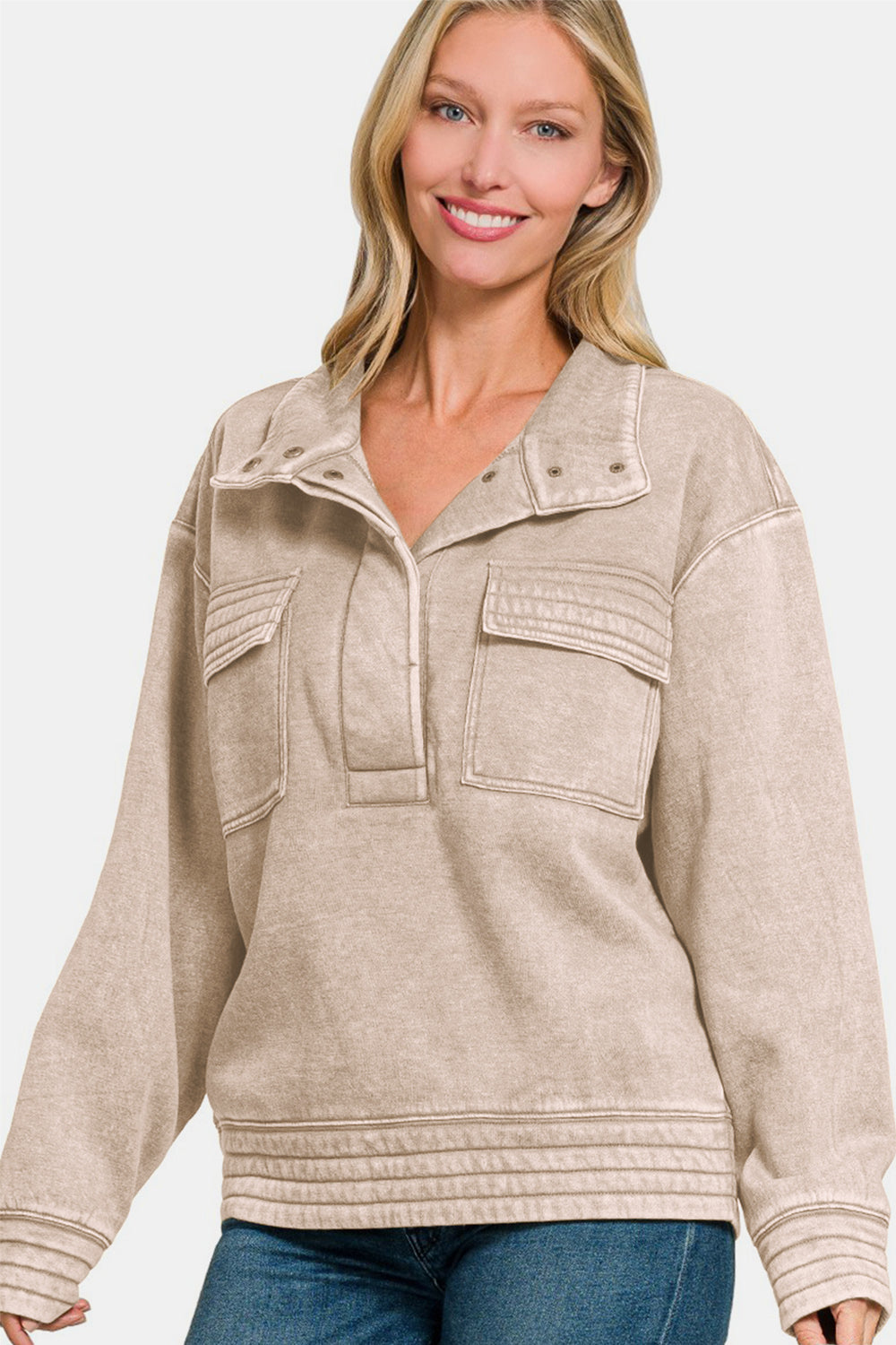 Zenana - Half Snap Fleece Sweatshirt - Ash Mocha - Inspired Eye Boutique