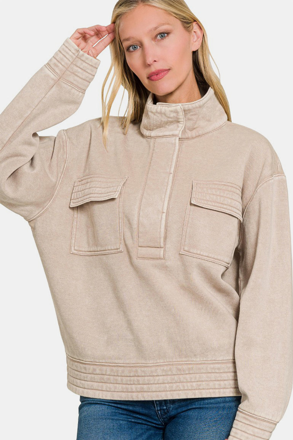 Zenana - Half Snap Fleece Sweatshirt - Ash Mocha - Inspired Eye Boutique