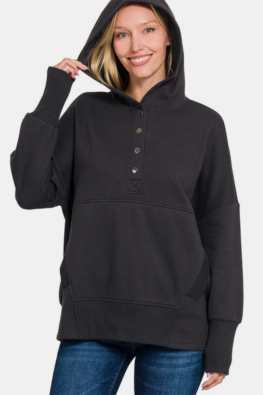 Zenana - Half Snap Hoodie with Kangaroo Pocket - Black - Inspired Eye Boutique