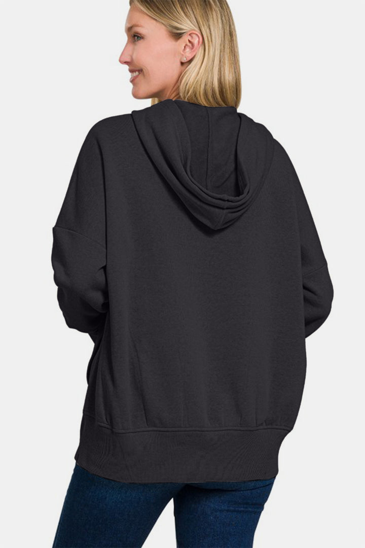 Zenana - Half Snap Hoodie with Kangaroo Pocket - Black - Inspired Eye Boutique