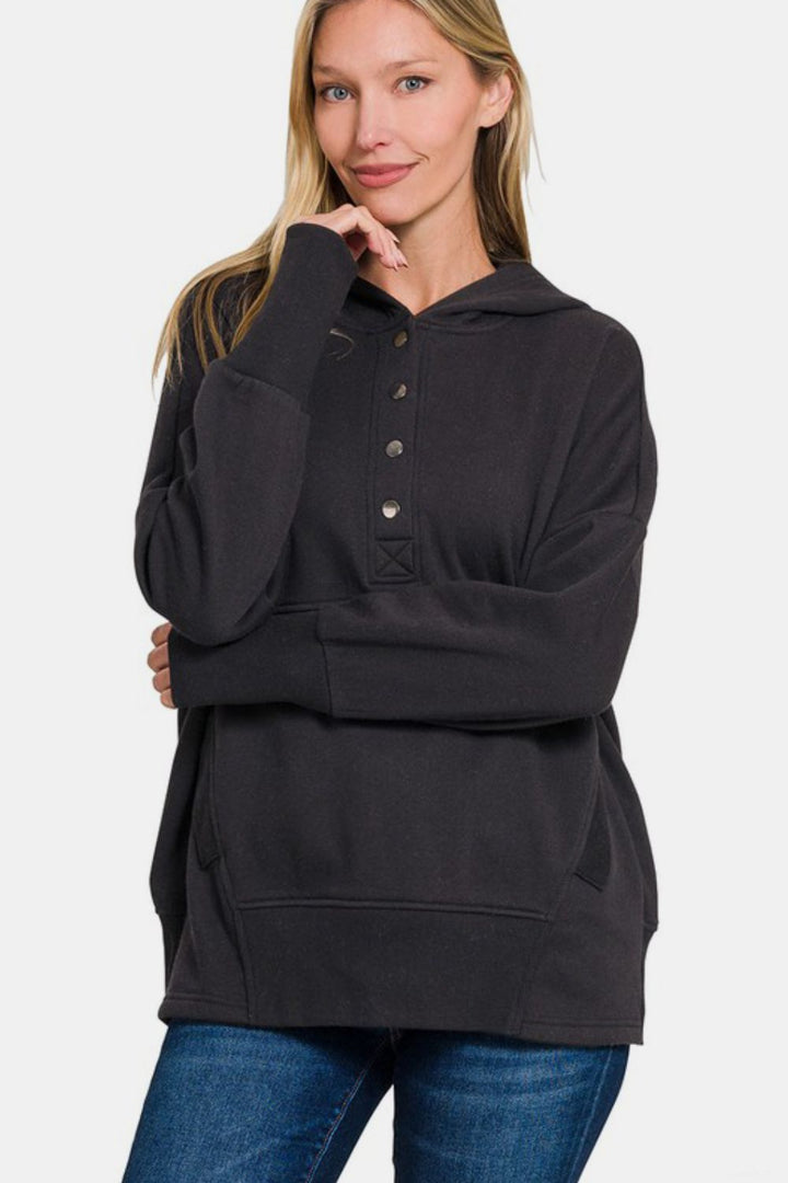 Zenana - Half Snap Hoodie with Kangaroo Pocket - Black - Inspired Eye Boutique