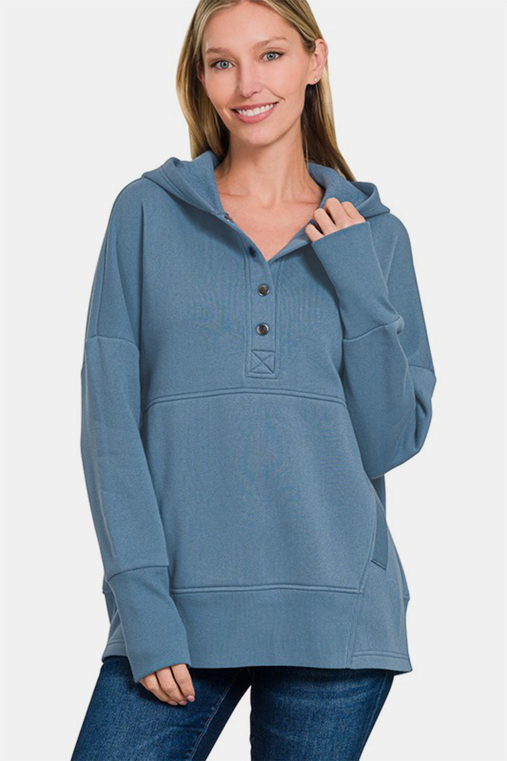 Zenana - Half Snap Hoodie with Kangaroo Pocket - Blue - Inspired Eye Boutique