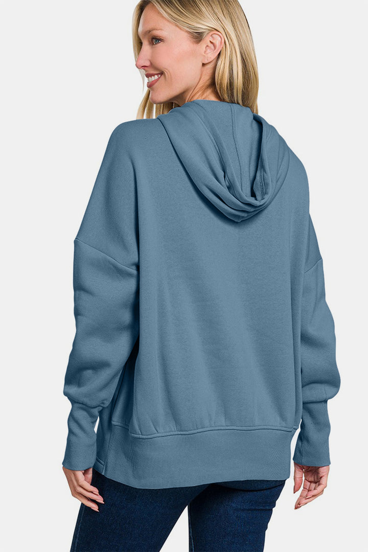 Zenana - Half Snap Hoodie with Kangaroo Pocket - Blue - Inspired Eye Boutique